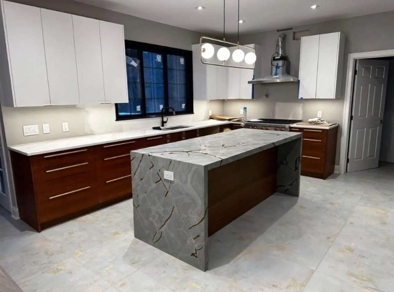 Rendering of a kitchen with wood base cabinets and a stone island
